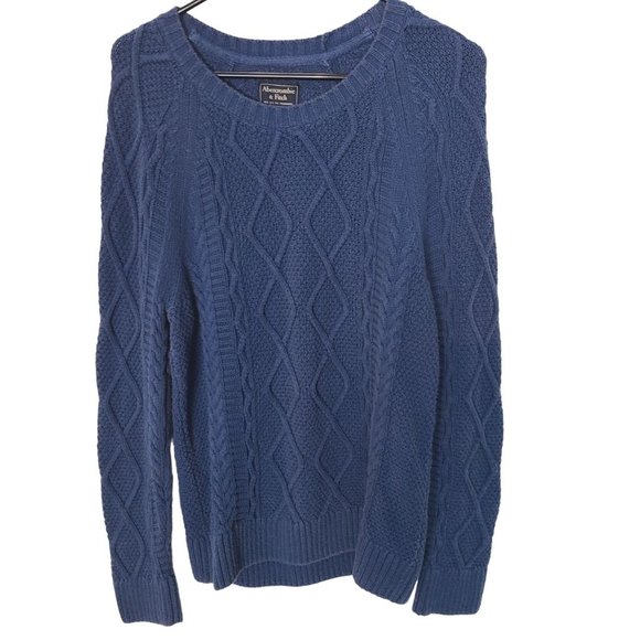 Abercrombie & Fitch Mens XL Blue Long Sleeves Cable Knit Crew Neck Sweater - Picture 1 of 8